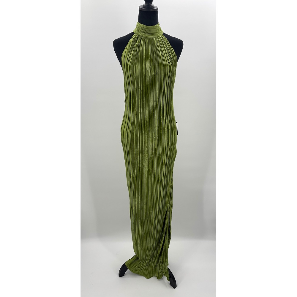 Lulus Gwenny Lime Green Plisse Halter Neck Maxi Dress Glam Evening Formal Size M - Picture 5 of 13